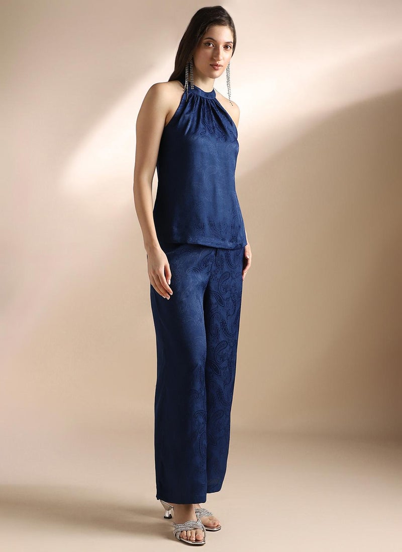 Globus Women Blue Halter Neck Self Design Sleeveless Top & Trousers Party Co-Ord Set - Image 3